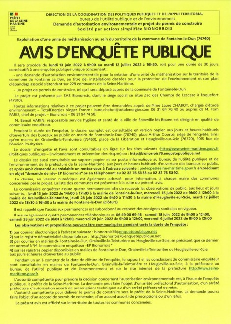 Avis d’enquête publique Fontaine -Le -Dun