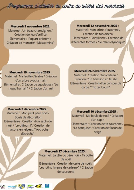 Inscription au centre du loisir du mercredi de novembre à décembre