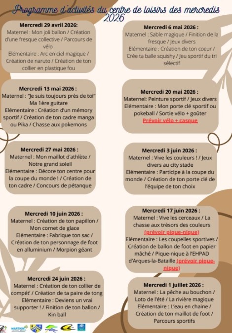 Centre de loisir du mercredi d&rsquo;avril à juillet 2026