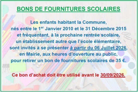 Bon fournitures scolaires rentrée 2026/2027