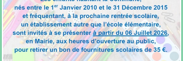 Bon fournitures scolaires rentrée 2026/2027